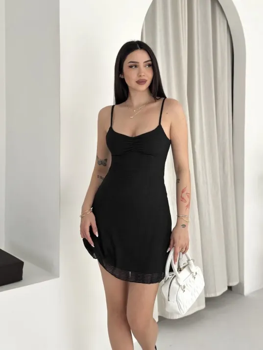Kadın Askılı Mini Elbise Drapeli Göğüs Detay Likralı Yazlık Fit - Siyah