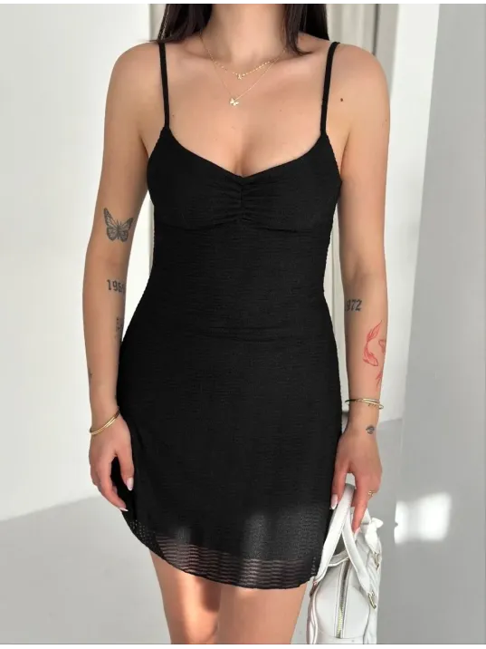 Kadın Askılı Mini Elbise Drapeli Göğüs Detay Likralı Yazlık Fit - Siyah