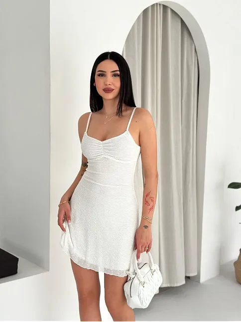 Kadın Askılı Mini Elbise Drapeli Göğüs Detay Likralı Yazlık Fit - Beyaz