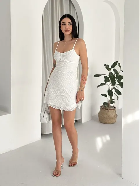 Kadın Askılı Mini Elbise Drapeli Göğüs Detay Likralı Yazlık Fit - Beyaz
