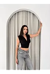 Kadın Vatkalı Kolsuz V Yaka Drapeli Crop Bluz Likralı Fit - Siyah