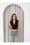 Kadın Vatkalı Kolsuz V Yaka Drapeli Crop Bluz Likralı Fit - Siyah Kadın Vatkalı Kolsuz V Yaka Drapeli Crop Bluz Likralı Fit - Siyah