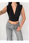 Kadın Vatkalı Kolsuz V Yaka Drapeli Crop Bluz Likralı Fit - Siyah