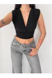 Kadın Vatkalı Kolsuz V Yaka Drapeli Crop Bluz Likralı Fit - Siyah Kadın Vatkalı Kolsuz V Yaka Drapeli Crop Bluz Likralı Fit - Siyah