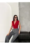 Kadın Vatkalı Kolsuz V Yaka Drapeli Crop Bluz Likralı Fit - Kırmızı