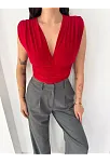 Kadın Vatkalı Kolsuz V Yaka Drapeli Crop Bluz Likralı Fit - Kırmızı