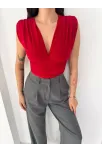 Kadın Vatkalı Kolsuz V Yaka Drapeli Crop Bluz Likralı Fit - Kırmızı
