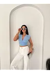 Kadın Vatkalı Kolsuz V Yaka Drapeli Crop Bluz Likralı Fit - Bebek Mavisi