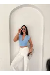 Kadın Vatkalı Kolsuz V Yaka Drapeli Crop Bluz Likralı Fit - Bebek Mavisi Kadın Vatkalı Kolsuz V Yaka Drapeli Crop Bluz Likralı Fit - Bebek Mavisi