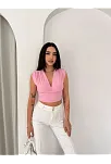 Kadın Vatkalı Kolsuz V Yaka Drapeli Crop Bluz Likralı Fit - Pembe