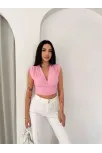 Kadın Vatkalı Kolsuz V Yaka Drapeli Crop Bluz Likralı Fit - Pembe Kadın Vatkalı Kolsuz V Yaka Drapeli Crop Bluz Likralı Fit - Pembe