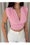 Kadın Vatkalı Kolsuz V Yaka Drapeli Crop Bluz Likralı Fit - Pembe