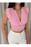 Kadın Vatkalı Kolsuz V Yaka Drapeli Crop Bluz Likralı Fit - Pembe Kadın Vatkalı Kolsuz V Yaka Drapeli Crop Bluz Likralı Fit - Pembe