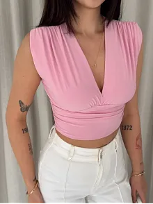 Kadın Vatkalı Kolsuz V Yaka Drapeli Crop Bluz Likralı Fit - Pembe
