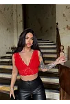 Kadın Dantel Bralet Crop Sütyen V Yaka Askılı Şık Esnek Rahat - Kırmızı