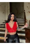 Kadın Dantel Bralet Crop Sütyen V Yaka Askılı Şık Esnek Rahat - Kırmızı Kadın Dantel Bralet Crop Sütyen V Yaka Askılı Şık Esnek Rahat - Kırmızı