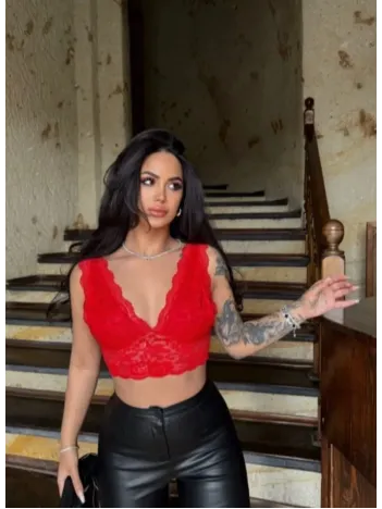 Kadın Dantel Bralet Crop Sütyen V Yaka Askılı Şık Esnek Rahat - Kırmızı