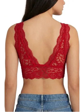 Kadın Dantel Bralet Crop Sütyen V Yaka Askılı Şık Esnek Rahat - Kırmızı