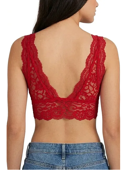 Kadın Dantel Bralet Crop Sütyen V Yaka Askılı Şık Esnek Rahat - Kırmızı