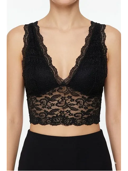 Kadın Dantel Bralet Crop Sütyen V Yaka Askılı Şık Esnek Rahat - Siyah