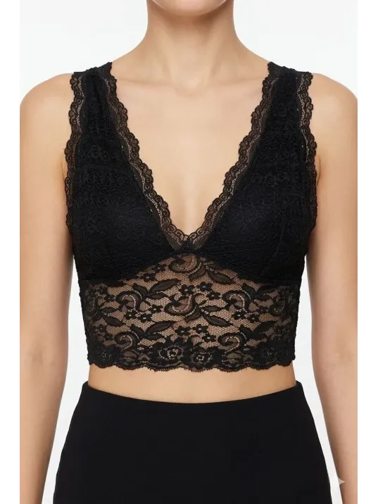 Kadın Dantel Bralet Crop Sütyen V Yaka Askılı Şık Esnek Rahat - Siyah Kadın Dantel Bralet Crop Sütyen V Yaka Askılı Şık Esnek Rahat - Siyah