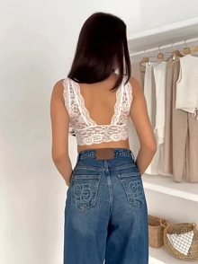 Kadın Dantel Bralet Crop Sütyen V Yaka Askılı Şık Esnek Rahat - Beyaz