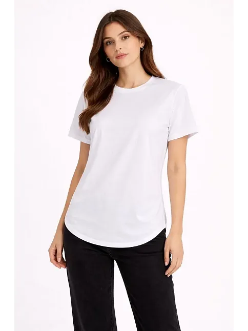 Kadın Basic T-shirt Kısa Kol Bisiklet Yaka Oval Kesim Tişört - Beyaz