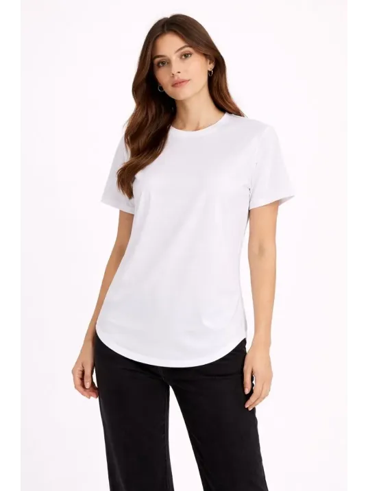 Kadın Basic T-shirt Kısa Kol Bisiklet Yaka Oval Kesim Tişört - Beyaz Kadın Basic T-shirt Kısa Kol Bisiklet Yaka Oval Kesim Tişört - Beyaz