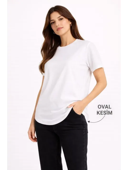 Kadın Basic T-shirt Kısa Kol Bisiklet Yaka Oval Kesim Tişört - Beyaz Kadın Basic T-shirt Kısa Kol Bisiklet Yaka Oval Kesim Tişört - Beyaz