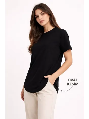 Kadın Basic T-shirt Kısa Kol Bisiklet Yaka Oval Kesim Tişört - Siyah