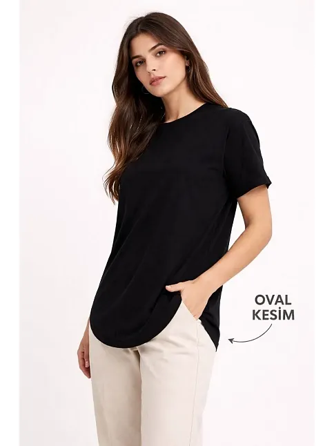 Kadın Basic T-shirt Kısa Kol Bisiklet Yaka Oval Kesim Tişört - Siyah