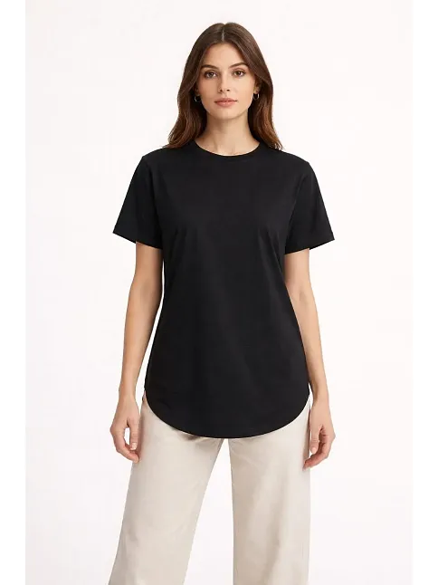 Kadın Basic T-shirt Kısa Kol Bisiklet Yaka Oval Kesim Tişört - Siyah