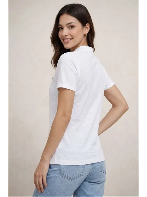 Kadın Polo Yaka Pike Kumaş Düğmeli Basic Tişört T-shirt Günlük Rahat - Beyaz