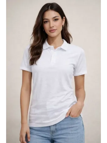 Kadın Polo Yaka Pike Kumaş Düğmeli Basic Tişört T-shirt Günlük Rahat - Beyaz