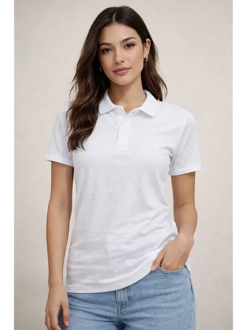 Kadın Polo Yaka Pike Kumaş Düğmeli Basic Tişört T-shirt Günlük Rahat - Beyaz