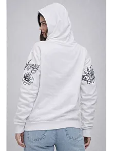 Kadın 3 İplik Pamuklu Kapüşonlu Baskılı Sweatshirt Hoodie - Beyaz