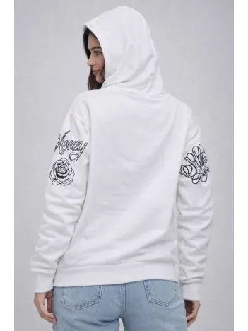 Kadın 3 İplik Pamuklu Kapüşonlu Baskılı Sweatshirt Hoodie - Beyaz
