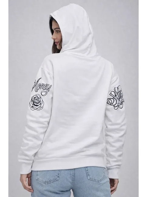 Kadın 3 İplik Pamuklu Kapüşonlu Baskılı Sweatshirt Hoodie - Beyaz