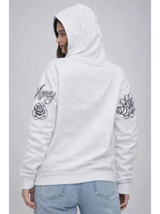 Kadın 3 İplik Pamuklu Kapüşonlu Baskılı Sweatshirt Hoodie - Beyaz Kadın 3 İplik Pamuklu Kapüşonlu Baskılı Sweatshirt Hoodie - Beyaz