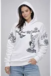 Kadın 3 İplik Pamuklu Kapüşonlu Baskılı Sweatshirt Hoodie - Beyaz