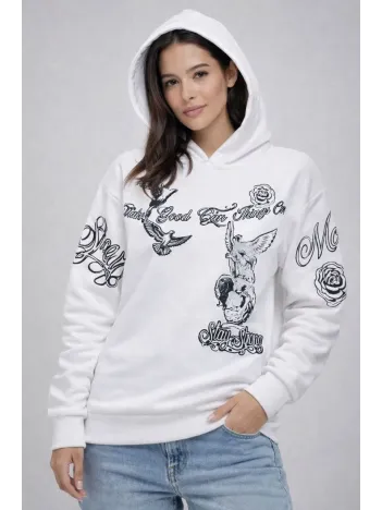 Kadın 3 İplik Pamuklu Kapüşonlu Baskılı Sweatshirt Hoodie - Beyaz