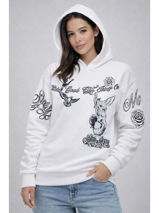 Kadın 3 İplik Pamuklu Kapüşonlu Baskılı Sweatshirt Hoodie - Beyaz Kadın 3 İplik Pamuklu Kapüşonlu Baskılı Sweatshirt Hoodie - Beyaz