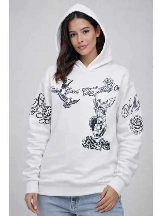 Kadın 3 İplik Pamuklu Kapüşonlu Baskılı Sweatshirt Hoodie - Beyaz Kadın 3 İplik Pamuklu Kapüşonlu Baskılı Sweatshirt Hoodie - Beyaz