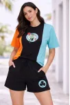Kadın Nakışlı Tişört Şort İkili Takım Oversize Yazlık Kombin - Çok Renkli