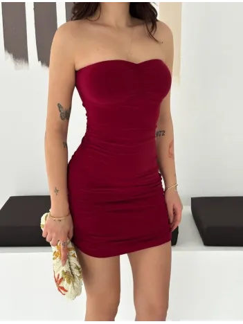 Kadın Drapeli Straplez Mini Elbise Esnek Kumaş Vücuda Oturan Gece Elbisesi - Bordo