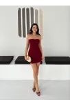 Kadın Drapeli Straplez Mini Elbise Esnek Kumaş Vücuda Oturan Gece Elbisesi - Bordo Kadın Drapeli Straplez Mini Elbise Esnek Kumaş Vücuda Oturan Gece Elbisesi - Bordo