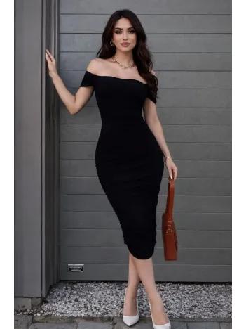 Kadın Madonna Yaka Drapeli Midi Elbise Likralı Vücuda Oturan Davet Elbisesi - Siyah