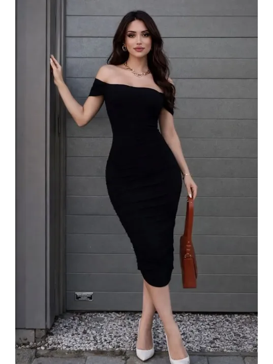 Kadın Madonna Yaka Drapeli Midi Elbise Likralı Vücuda Oturan Davet Elbisesi - Siyah