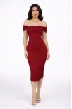 Kadın Madonna Yaka Drapeli Midi Elbise Likralı Vücuda Oturan Davet Elbisesi - Bordo Kadın Madonna Yaka Drapeli Midi Elbise Likralı Vücuda Oturan Davet Elbisesi - Bordo