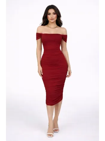 Kadın Madonna Yaka Drapeli Midi Elbise Likralı Vücuda Oturan Davet Elbisesi - Bordo